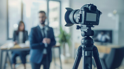 camera on tripod businessman giving interview