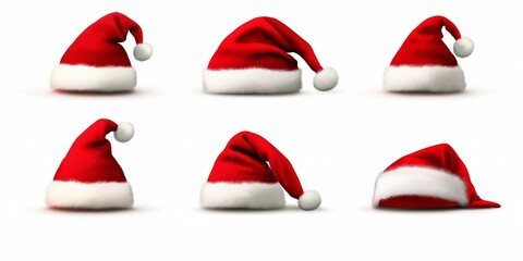A set of six red and white santa hats with white pom poms. The hats are all different sizes and angles, but they all have the same red and white color scheme