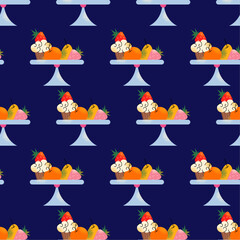 Seamless pattern afternoon tea stand food. Scones with jam, pie, cupcake, cakes and sandwich.  Tea time elements. Tea Party Invitation. Vector illustration isolated on background