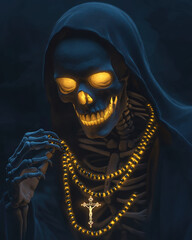 Grim Reaper holding a skull and rosary in a Minimalist style