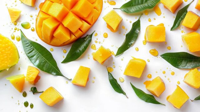 Freshly cut mango cubes isolated on a vibrant background showcasing their natural color and texture