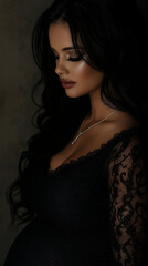 Fototapeta premium Pregnant Woman in Black Lace Dress, Side Profile with Soft Lighting