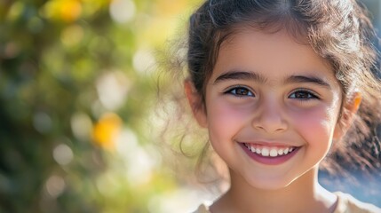 Fototapeta premium A joyful young girl with sparkling eyes and a radiant smile, standing in a garden with flowers, exuding happiness and warmth in a vibrant portrait setting.