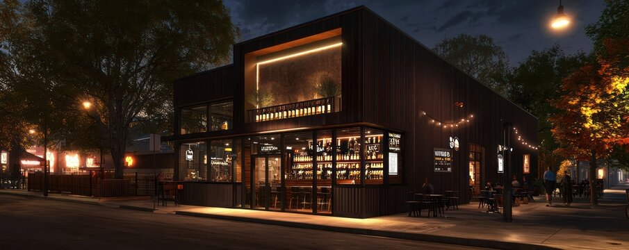 A modern dark brown exterior craft beer pub, featuring local brews and live music nights, situated in a trendy urban neighborhood