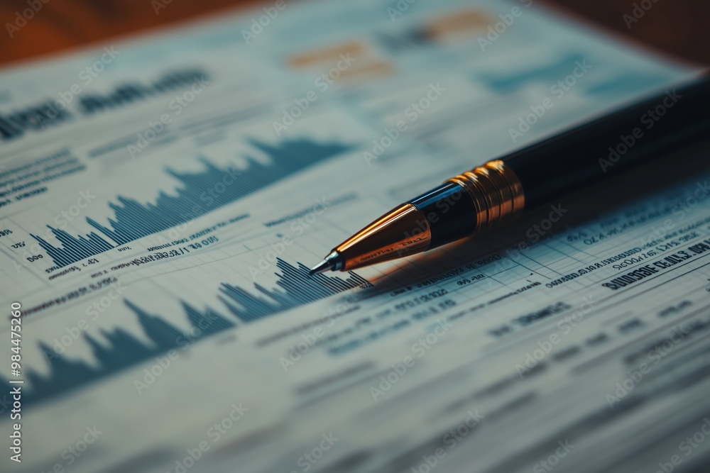 Poster analyzing market trends with graphs and financial data using a pen on a document at a wooden desk