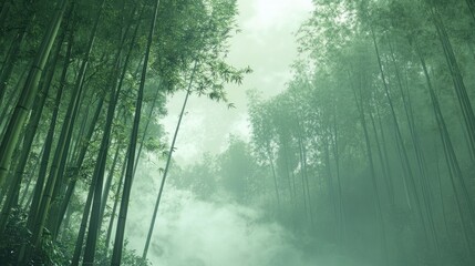 Obraz premium A misty morning scene in Arashiyama Bamboo Groves, with fog rolling through the tall bamboo stalks, creating a mysterious and peaceful atmosphere.