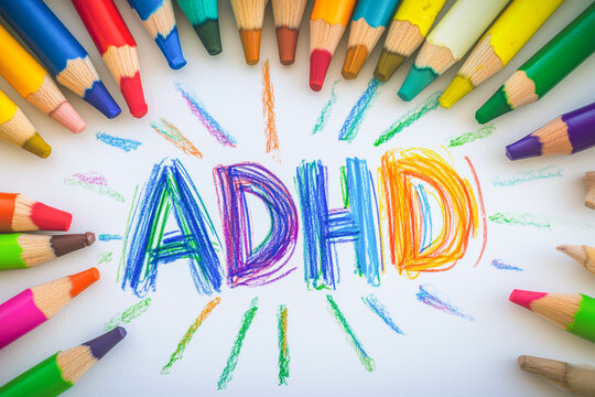 AUTISM, ADHD, written with colored pencils.
