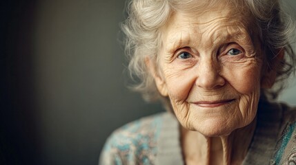 A smiling elderly woman with gentle features highlighted by soft lighting, conveying warmth, kindness, and a deep sense of serenity in a simple setting.