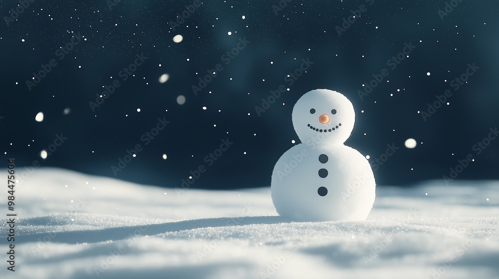Poster a snowman is standing in the snow. the snow is falling and the sky is dark. the snowman is smiling a