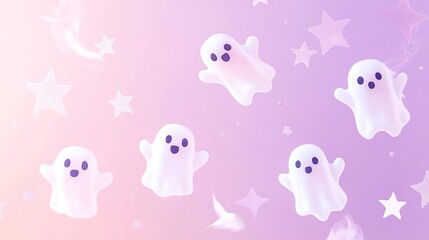 Playful ghosts float in the soft pastel twilight, surrounded by twinkling stars, creating an atmosphere of wonder and magic