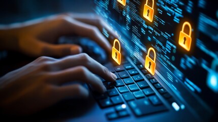 Fototapeta premium A skilled cyber security expert focuses on data protection and cloud computing, ensuring robust network security and safeguarding sensitive information, especially when working remotely