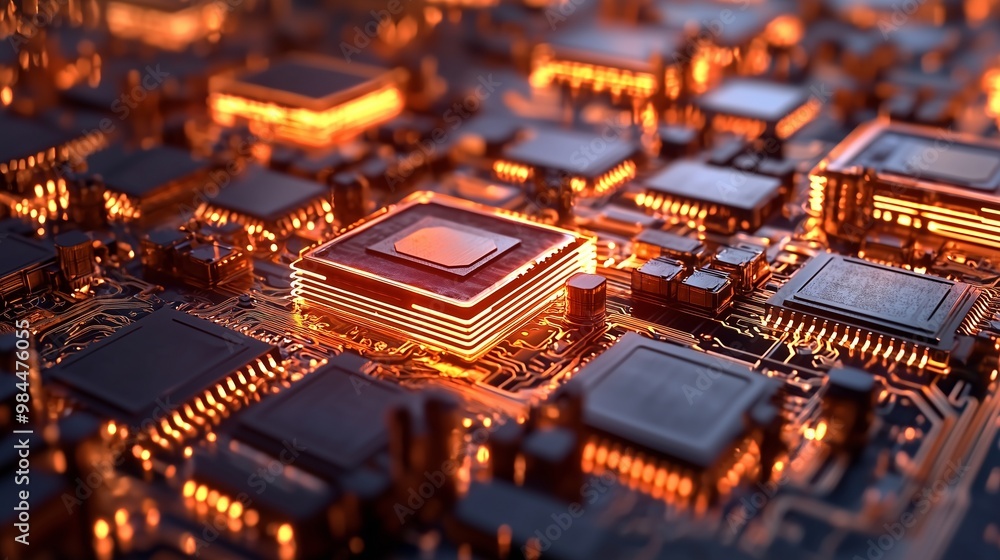 Poster close-up of illuminated semiconductor chips on a circuit board, representing advanced semiconductor 