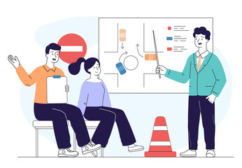 Driving school lesson. Man and woman watching lecture for drivers. Education, learning and training. Information about traffic rules. Linear vector illustration