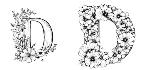 Black silhouette on white background with leaf motifs and botanical alphabet. Floral font and botanical alphabet.