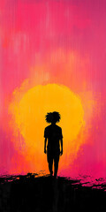 Fototapeta premium Silhouette of Boy with Dreadlocks Standing Before Bright Yellow Sun Against Pink Sky