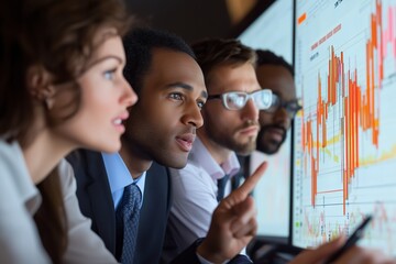 Team analyzes financial data on large screen in modern office during business hours