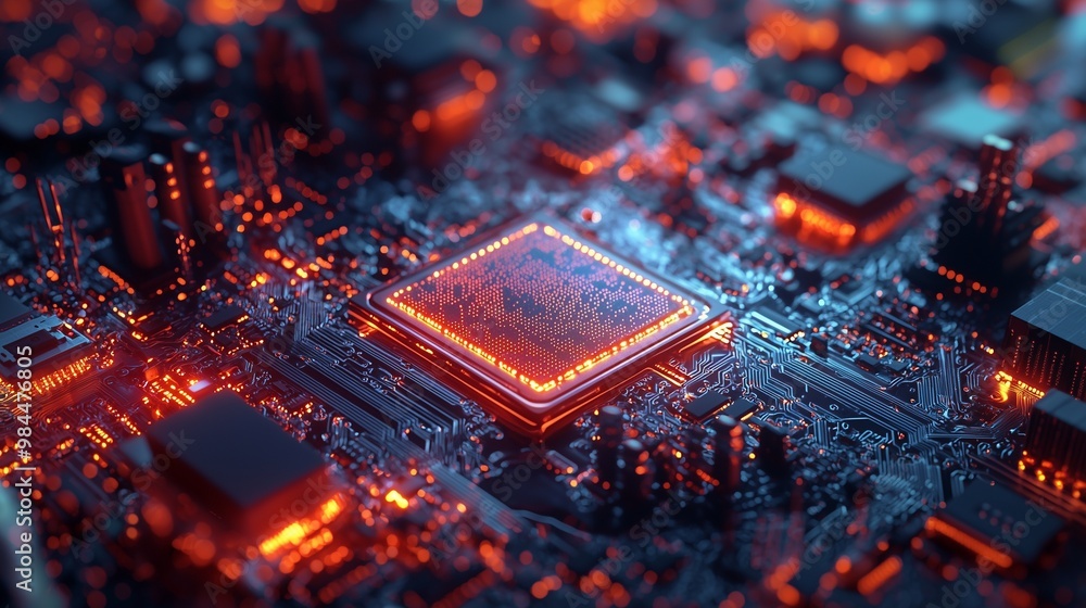 Poster close-up of an illuminated integrated circuit on a motherboard, highlighting the complexity and conn