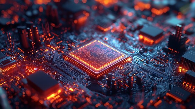 Close-up of an illuminated integrated circuit on a motherboard, highlighting the complexity and connectivity of modern electronics.