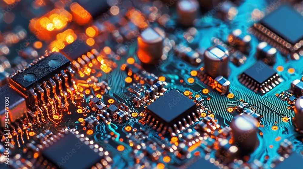 Poster close-up of a colorful circuit board with microchips and electronic components, representing technol