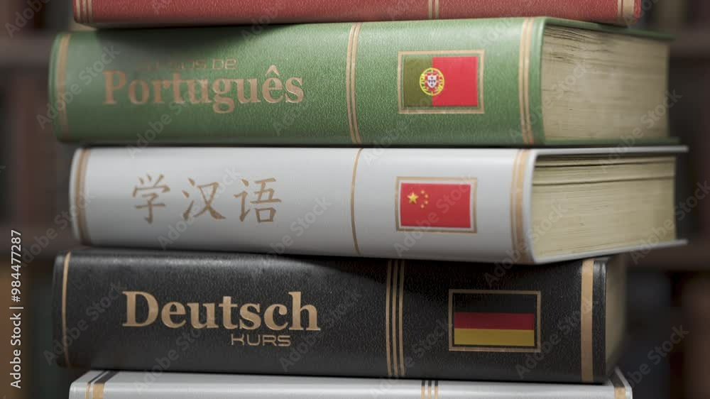 Poster Stack of books and textbooks of various languages. Learning foreign language concept. 3d animation