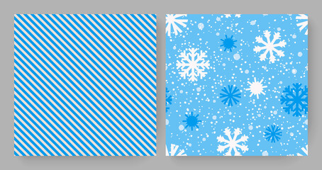 Set of seamless patterns in blue, beige and white colors. Simple, minimalistic and cute ornaments. Use it for winter or New Year decoration, background, decorative paper, textile.
