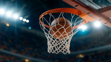 A basketball is about to enter a hoop during a game in a stadium.