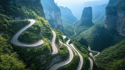 A panoramic view of the road winding up Tianmen Mountain towards HeavenGate, with sharp hairpin turns and steep cliffs on either side.