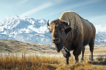 Majestic bison standing in a grassy field with snow-capped mountains in the background, AI Generation