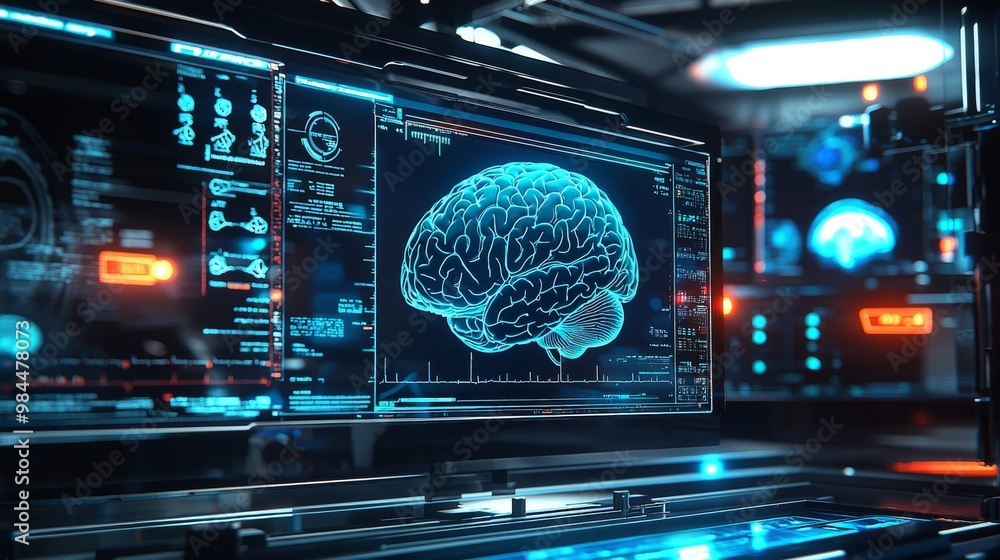 Poster an image of a computer monitor showing a brain scan using futuristic medical technology.
