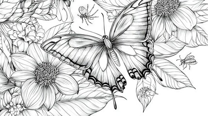  A monochromatic depiction of a butterfly perched atop and below a floral centerpiece