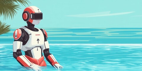 A futuristic robot enjoying a tranquil moment in a serene tropical pool, blending technology with nature.