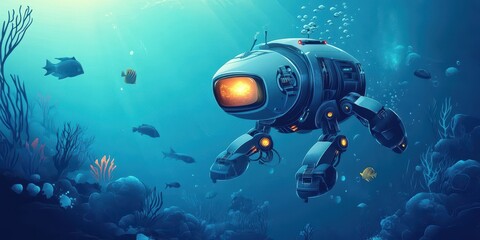 A futuristic underwater robot exploring a vibrant coral reef with colorful fish swimming around in a serene ocean environment.