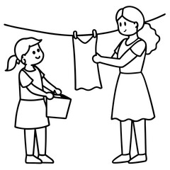 cartoon-mother-and-daughter-hanging-the-laundry-on