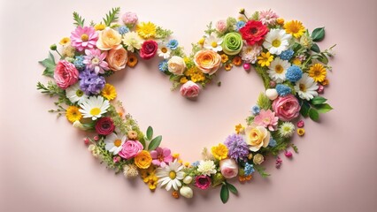 Heart-shaped floral arrangement with vibrant, multicolored flowers on soft pink background