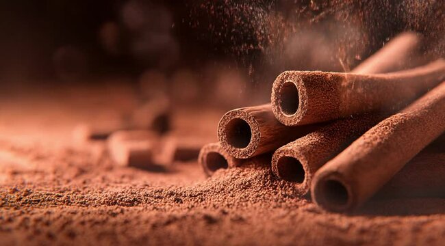 Scene of a cinnamon with a sprinkling of flour, Camera slow motion with different angles