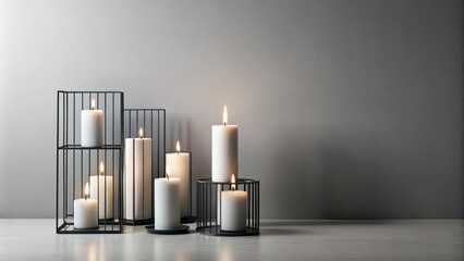 Lit candles in elegant black metal holders on white surface Minimalist home decor