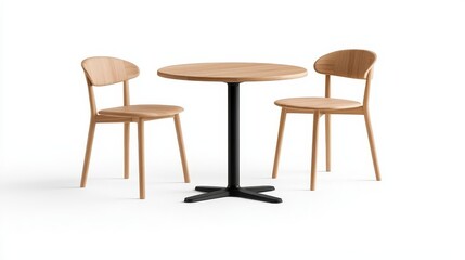 Fototapeta premium Stylish wooden dining table with two matching chairs, perfect for modern home and cafes, enhancing any minimalist decor.