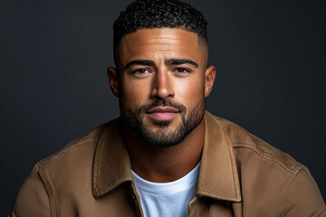 Fototapeta premium Professional Portrait of a Confident Hispanic Man in Casual Attire with Strong Facial Expression, Highlighting His Unique Style and Charismatic Presence Against a Subtle Background