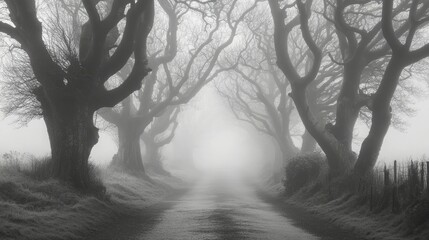 Obraz premium A quiet, foggy day at the Dark Hedges, where the gnarled beech trees form an eerie canopy over the deserted pathway.