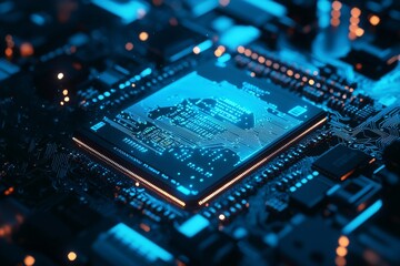 Fototapeta premium Close-Up of a Glowing Computer Chip on a High-Tech Circuit Board with Blue and Orange Lighting