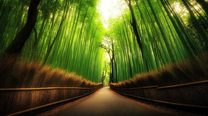 A quiet path winding through the dense bamboo groves of Arashiyama, with the tall stalks creating a sense of serenity and wonder.