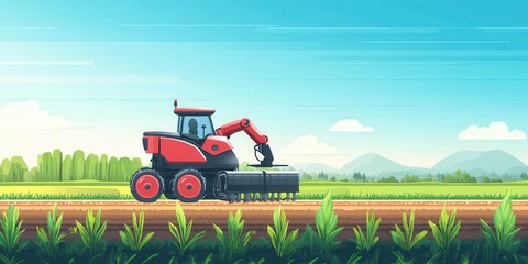 Fototapeta premium A vibrant illustration of a tractor working in a lush green field under a bright blue sky. Perfect for agriculture, farming, and nature themes.