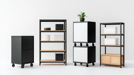 Stylish black and white storage furniture on wheels with natural wood shelves, perfect for modern interiors and organization.