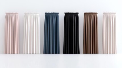 Obraz premium A collection of stylish, pleated skirts in various colors displayed on a white background, perfect for fashion inspiration.