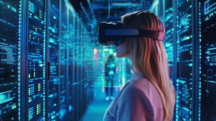A futuristic digital environment featuring an interactive virtual reality landscape and responsive holographic interfaces