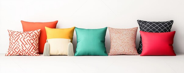 A vibrant display of decorative pillows arranged in a stylish line, showcasing various colors and patterns against a clean backdrop.