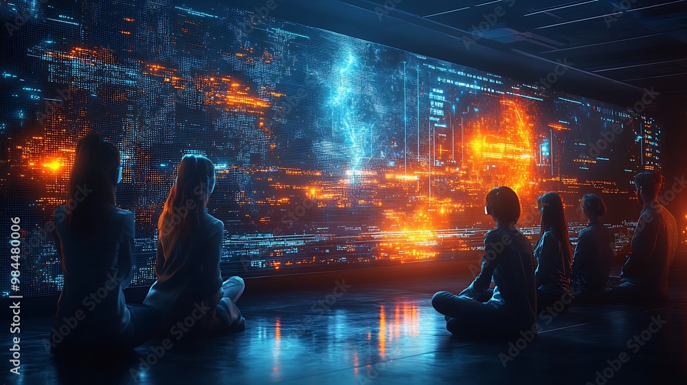 Poster a group of people in a dark room sit on the floor and look at a large glowing screen displaying comp