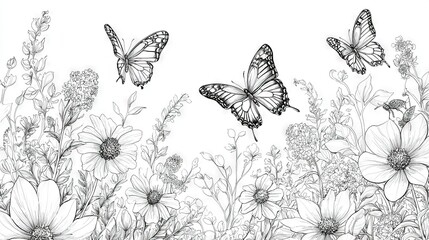   A monochrome illustration depicts three flying butterflies above a daisy-filled field