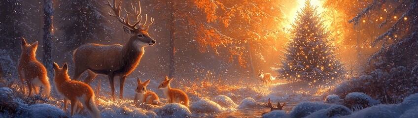 A mystical forest scene where woodland animals like deer, foxes, and rabbits gather around a beautifully decorated tree in the clearing, twinkling fairy lights strung from the trees, 
