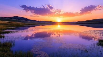 Fototapeta premium A serene evening shot of Spotted Lake, the setting sun creating soft hues of orange and purple in the sky, reflecting off the lake's unique surface.